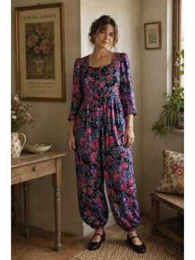 Vintage Floral Jumpsuit in Pink, Purple & Black
